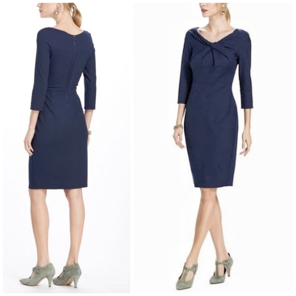 ANTHROPOLOGIE Bodycon Pencil Wrap Knot Dress Medium M Navy Blue - Picture 9 of 10